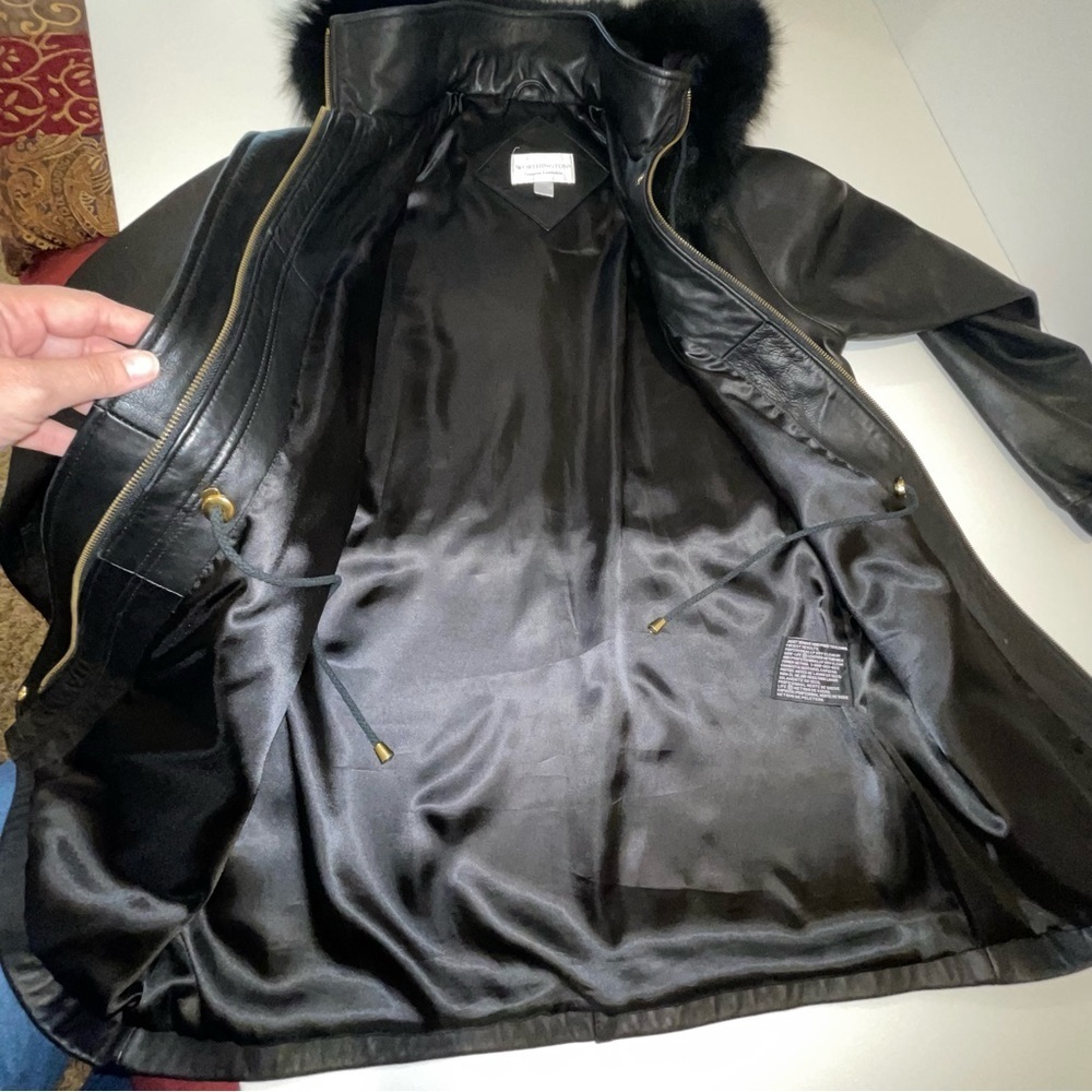 Worthington Lambskin Leather Coat Fur Lined Hood Drawstring Waist Size M - Picture 14 of 17